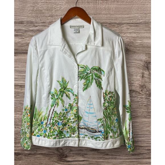 Bamboo Trader White Tropical Sailing Scene Button Front Jacket Size Medium - Picture 1 of 6